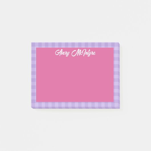 Post-it® Pink Purple Gingham Border Name In Cool Script (Devant)