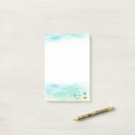 Post-it® Plage côtière Bébé Tortues de mer Nom Monogramme (Sur un bureau)
