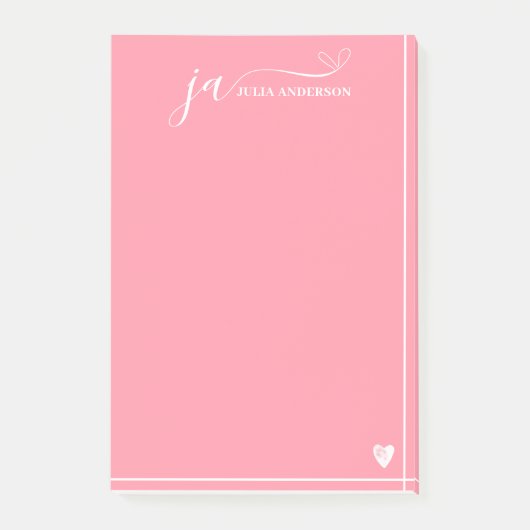 Post-it® Police de script élégant Monogramme rose et blanc (Devant)