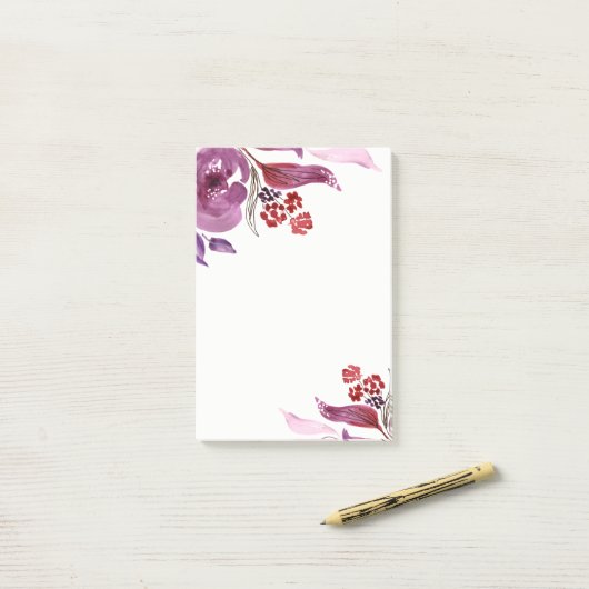 Post-it® Pourpre d'aquarelle + Notes de post-it florales (Sur un bureau)