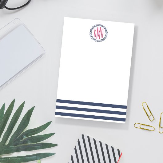 Post-it® Preppy Nautical Navy Stripe & Pink Monogram