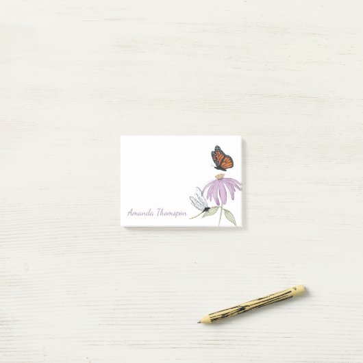 Post-it® Purple Flower Butterfly and Dragonfly Custom (Sur un bureau)