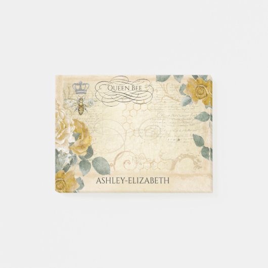 Post-it® Queen Bee Yellow Gold Rose Floral Monogramme 4x3 (Devant)