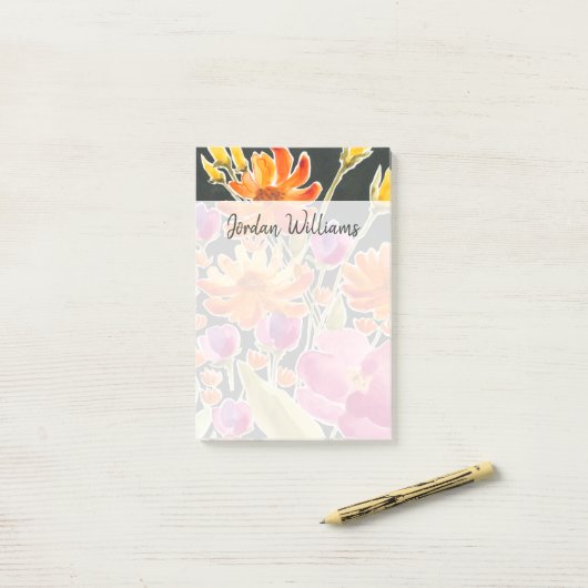 Post-it® Rassemblement splendide - Fleurs roses et orange (Sur un bureau)
