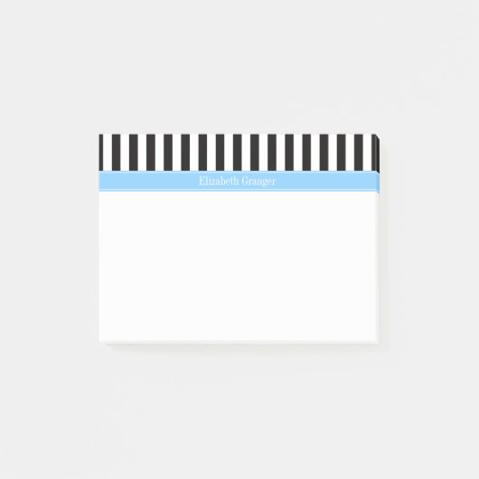 Post-it® Rayure Noir Blanc Ciel Bleu Monogramme Nom (Devant)