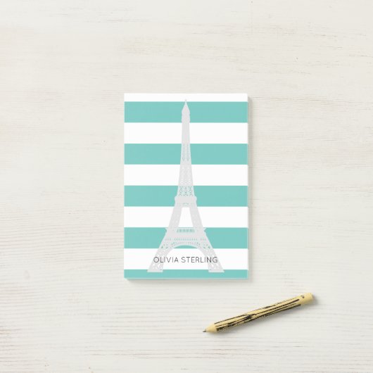 Post-it® Rayures turquoises et nom fait sur commande de (Sur un bureau)