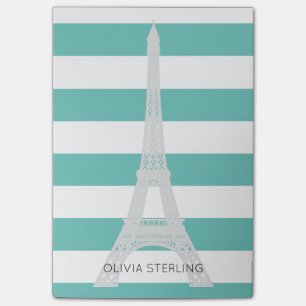 Post-it® Rayures turquoises et nom fait sur commande de