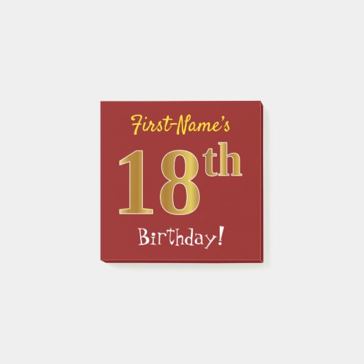 Post-it® Red, Faux Gold 18th Birthday, With Custom Name (Devant)
