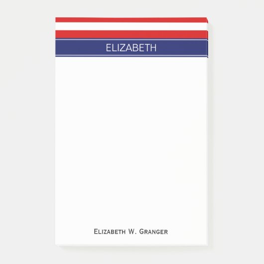 Post-it® Red Wht Horiz Bande Marine Nom bleu Monogramme (Devant)