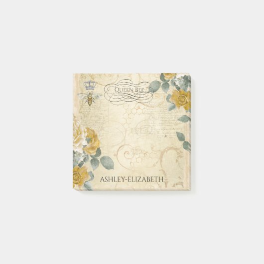 Post-it® Rose d'or jaune Queen Bee Monogramme floral 3x3 (Devant)