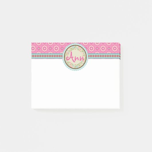 Post-it® Rose et fleurie avec étiquette de nom et ruban (Devant)