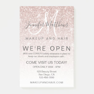 Post-it® Rose Gold Glitter We're Open Salon COVID Safe