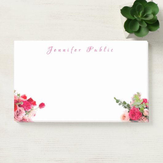 Post-it® Roses d'aquarelle Floral Écriture Nom Texte (Bureau)