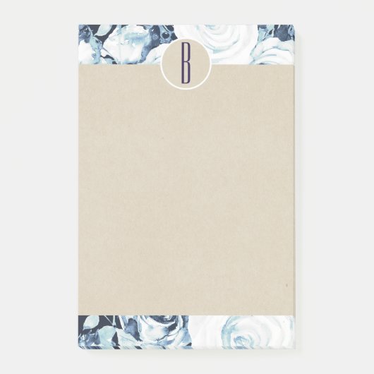 Post-it® Roses Kraft Rustiques Monogramme Hiver Bleu Blanc (Devant)