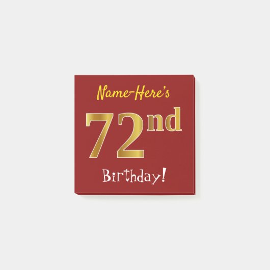 Post-it® Rouge, Faux Gold 72e anniversaire, avec nom person (Devant)