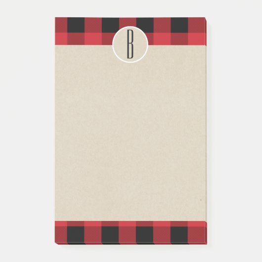 Post-it® Rouge Noir Carreaux Kraft Monogramme Initial Rusti (Devant)
