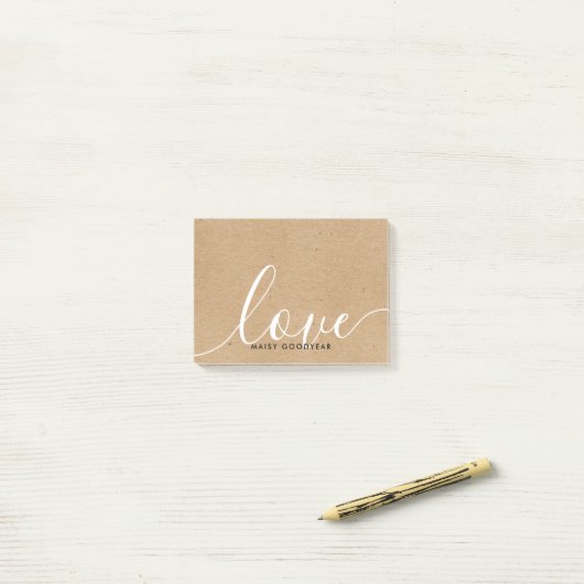 Post-it® Rustique Kraft Script Love Nom personnalisé (Sur un bureau)