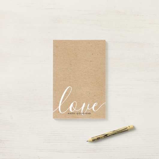 Post-it® Rustique Kraft Script Love Nom personnalisé (Sur un bureau)