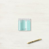 Post-it® Silver Glitter Drips Light Teal Shimmer (Sur un bureau)