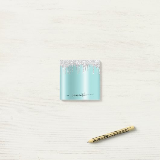 Post-it® Silver Glitter Drips Light Turquoise Shimmer (Sur un bureau)