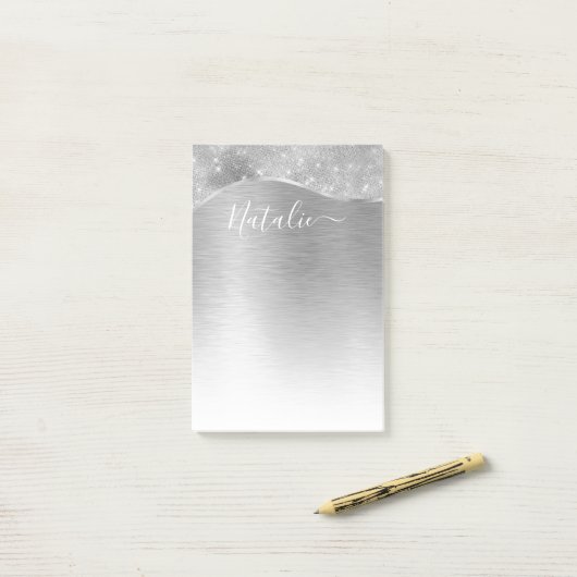 Post-it® Silver Glitter Glam Bling Personalized (Sur un bureau)