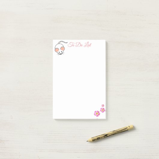 Post-it® Souris blanc et fleurs roses sur blanc (Sur un bureau)