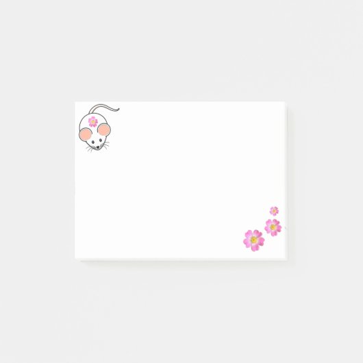 Post-it® Souris blanc et fleurs roses sur blanc (Devant)