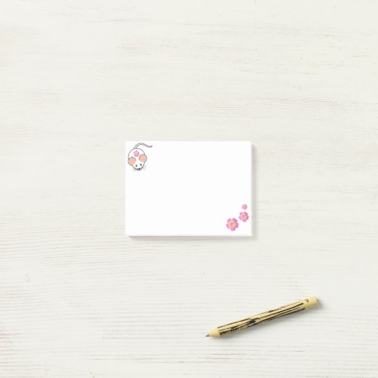 Post-it® Souris blanc et fleurs roses sur blanc (Sur un bureau)
