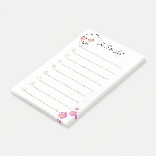 Post-it® Souris blanc et fleurs roses sur blanc bordé (Incliné)