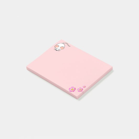 Post-it® Souris blanc et fleurs roses sur rose (Incliné)