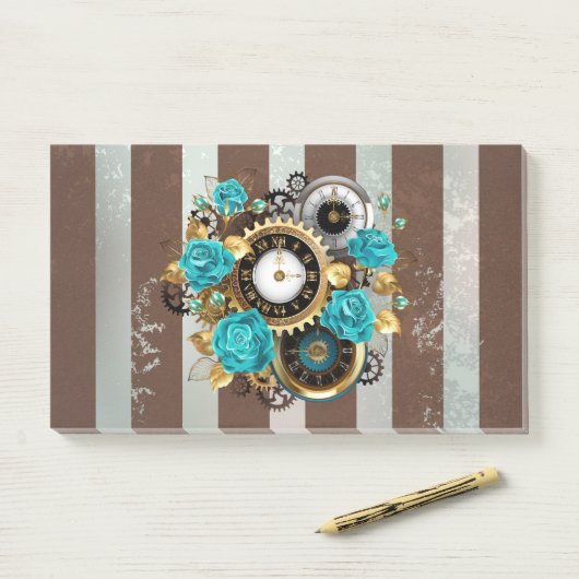 Post-it® Steampunk Clock and Turquoise Roses on Striped (Sur un bureau)