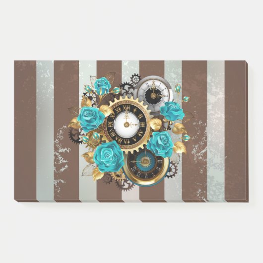 Post-it® Steampunk Clock and Turquoise Roses on Striped (Devant)