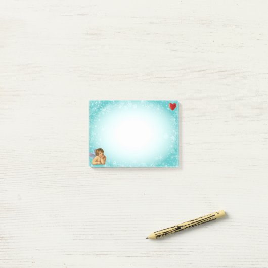 Post-it® Style Raphael Cherub & Coeur sur bleu clair (Sur un bureau)