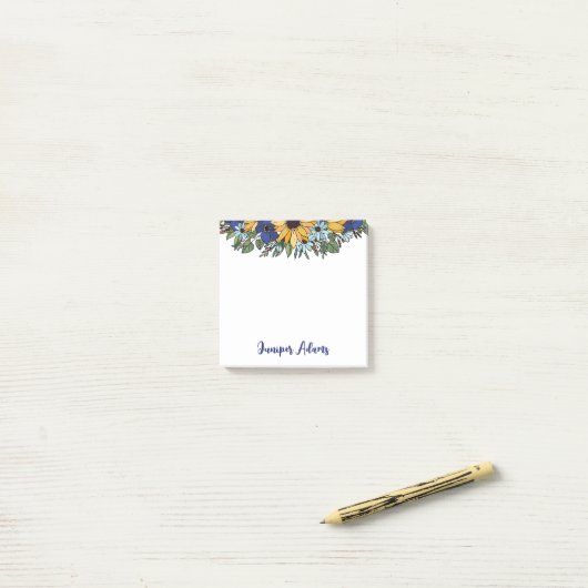 Post-it® Sunflowers & Blue Flowers Nom En Gras Script (Sur un bureau)