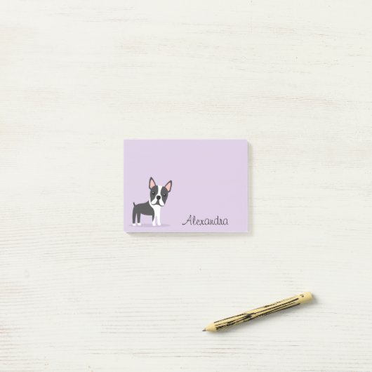 Post-it® Terrier de Boston avec le pourpre nommé (Sur un bureau)
