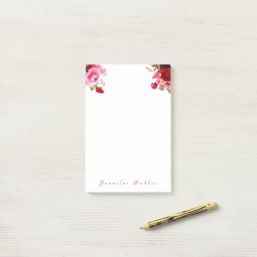 Post-it® Texte floral de nom d'écriture de roses (Sur un bureau)