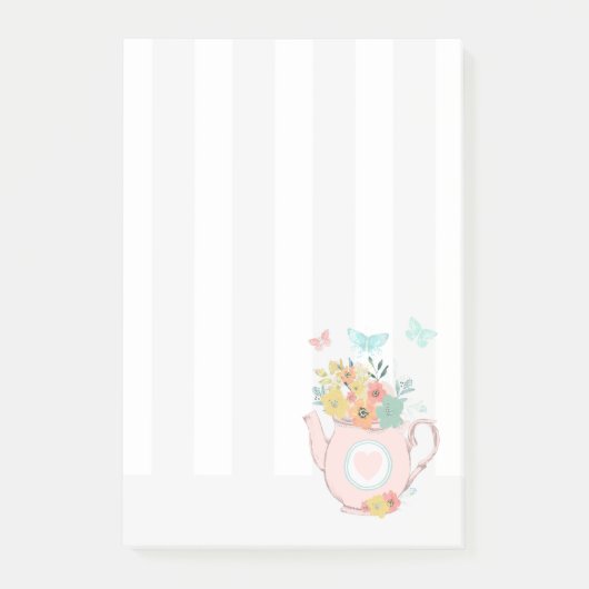 Post-it® Théière rose avec fleurs et papillons (Devant)