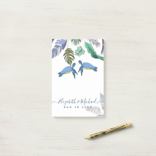 Post-it® Tortues de mer Mariage bleu jaune (Sur un bureau)