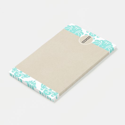 Post-it® Turquoise Aqua Glam Damask Kraft Monogramme initia (Incliné)