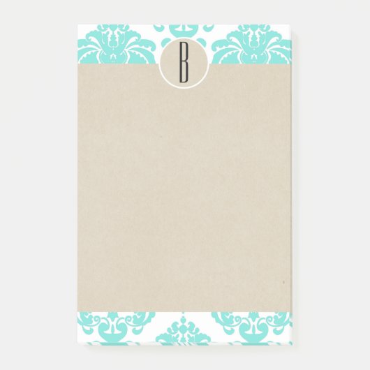 Post-it® Turquoise Aqua Glam Damask Kraft Monogramme initia (Devant)
