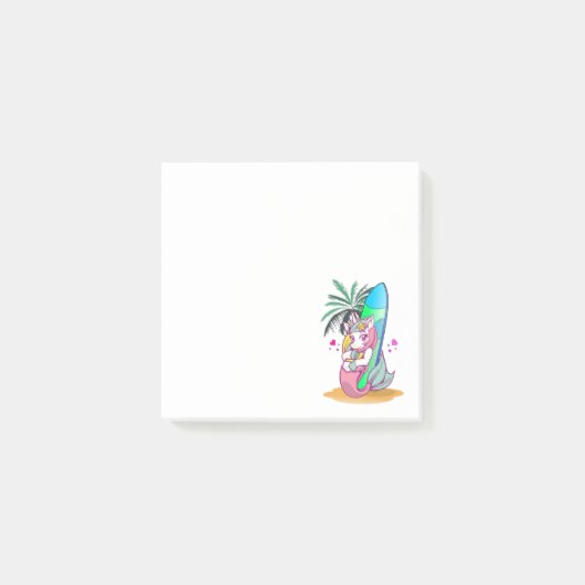 Post-it® Unicorne avec planche de surf sur la plage (Devant)