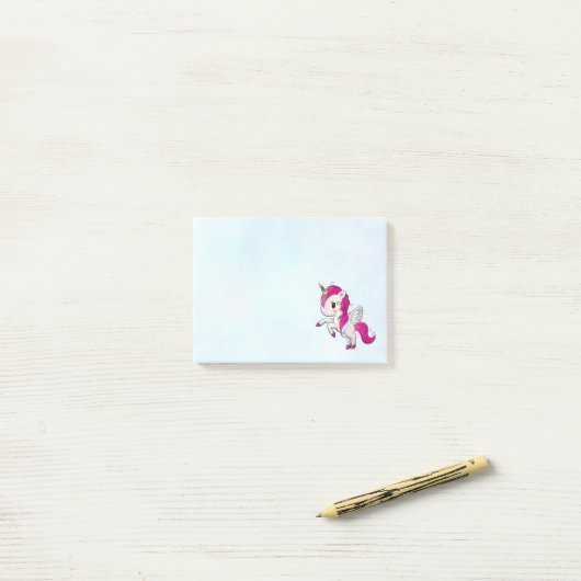 Post-it® Unicorne rose mignonne avec ailes (Sur un bureau)