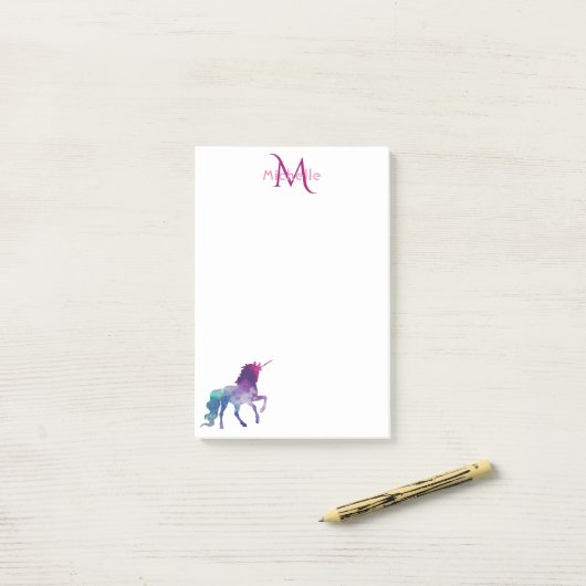 Post-it® Unicorne violet blanc monogrammé (Sur un bureau)
