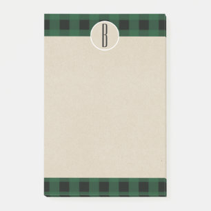 Post-it® Vert Noir Carreaux Kraft Rustique Monogramme Initi