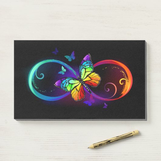 Post-it® Vibrant infinity with rainbow butterfly on black (Sur un bureau)