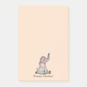 Post-it® Watercolor Cute Baby Elephant With Blush & Flowers