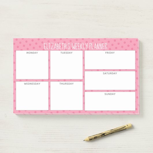 Post-it® Weekly Planner avec nom de motif rose vif (Sur un bureau)