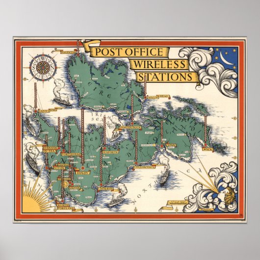 Post Kantoor Wireless Stations Map, Groot-Brittann Poster (Voorkant)