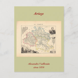 Postale 1858 Carte du département d'Ariège, France