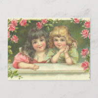 2 Filles victoriennes Roses roses Vintages Carte p